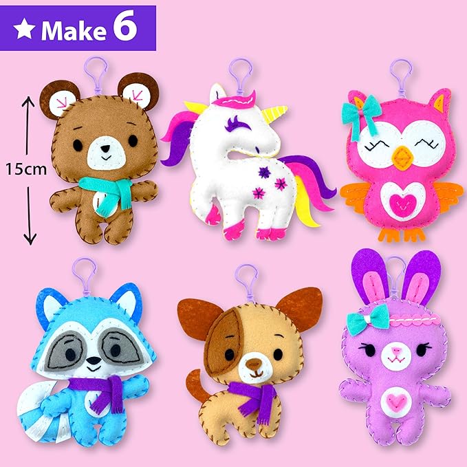 KRAFUN Unicorn Sewing Keyring Kit for Kids Age 7 8 9 10 11 12 Learn Art & Craft, Includes 6 Stuffed Animal Bear, Dog, Rabbit, Raccoon, Owl Dolls, Instruction & Felt Materials