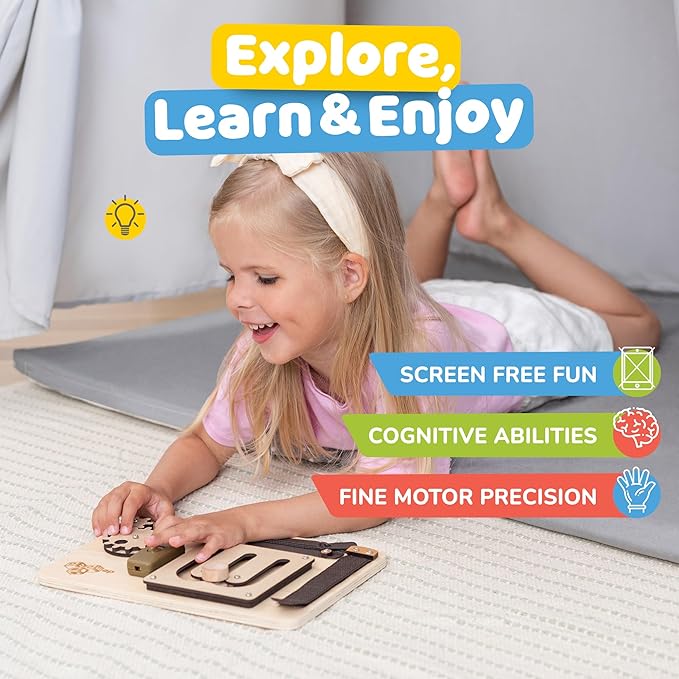 deMoca Baby Busy Board for 1 Year Old, Premium Montessori Toddler Travel Toy with Educational Activities, Sensory Travel Toys for Toddlers 1-3, Wooden Busy Board, Gift for Boy & Girl