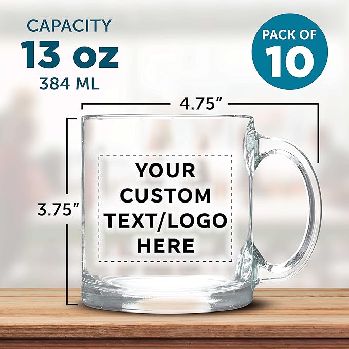 Custom Libbey Clear Glass Coffee Mugs 13 oz. Set of 10, Personalized Bulk Pack - Perfect for Coffee, Tea, Espresso, Hot Cocoa, Other Beverages - Clear Bottom