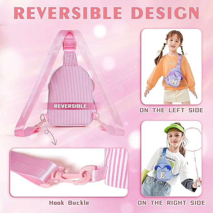 Birthday Gifts for Girls, Sling Bags for Girl Kid Travel, Birthday Gifts for 4 5 6 7 8 9 10 Year Old Girls Small Initial Pink Cross Fanny Packs Sling Bag for Daughter Gift (Pink T)