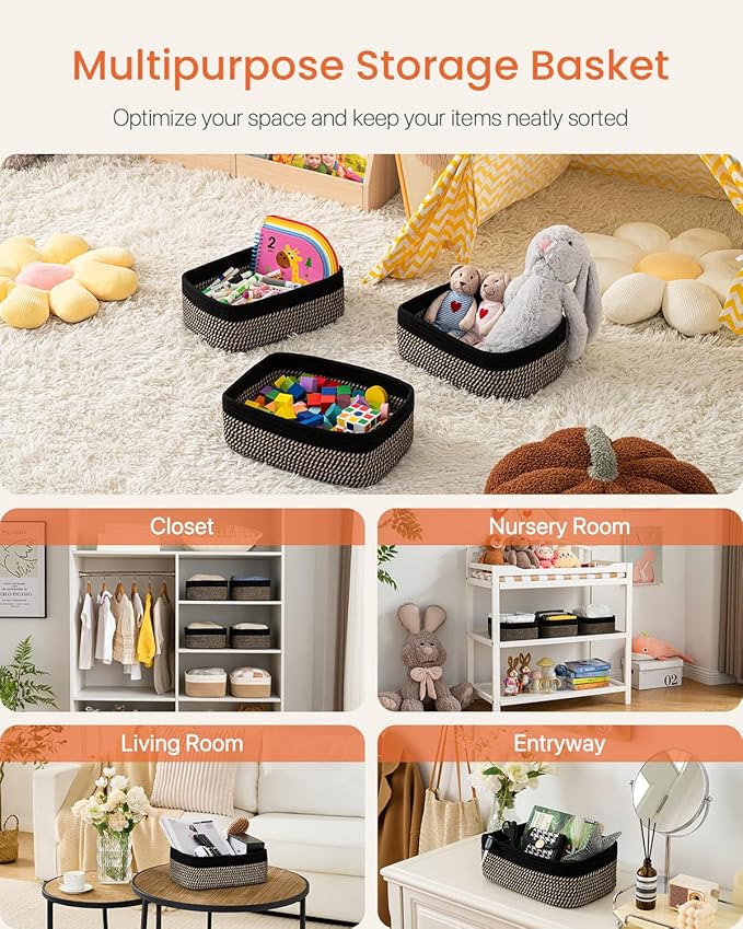 KALLAX Small Woven Basket, 13.5 x 9.5 x 5 Inches, Storage Basket for Organizing, Cute Small Rope Shelf Closet Cube Storage Bins Baskets for Shelves, Dog Toy Gift Baskets Empty, 3 Pack Black & Brown