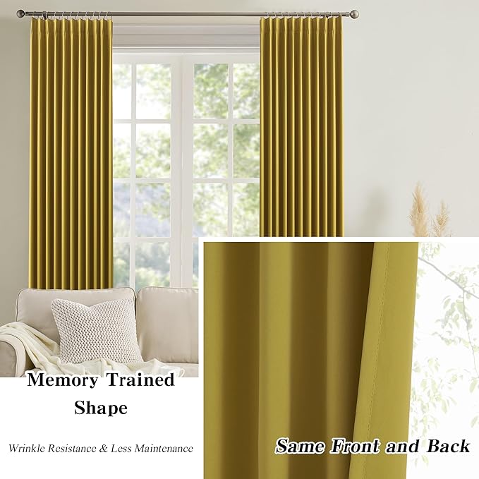 KEQIAOSUOCAI Yellow Pinch Pleated Curtains 96 Inch Length 2 Panels Set Noise Cancelling Window Drapes for Nursery Bedroom Living Room 40x96