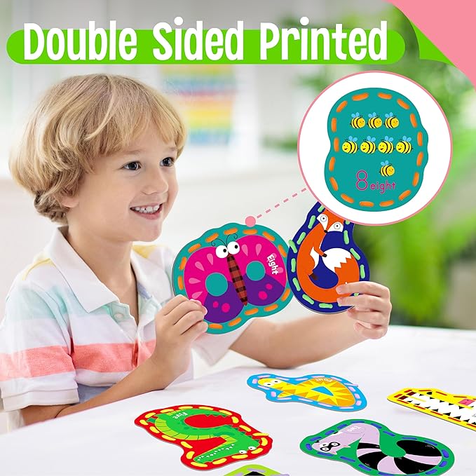 10 Pieces Number Lacing Cards, 0-9 Double Sided Sewing Cards with 10 Colorful Laces, Imagination Development Lacing Toys Games for Children Educational and Learning Activity