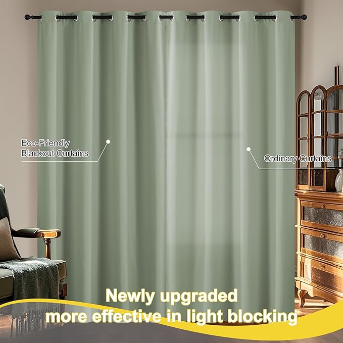 NICETOWN Sage Green Curtains 52 x 84 inches Long, 100% Blackout Curtains Set of 2 Panels Thermal Insulated Privacy Window Curtains for Bedroom Living Room