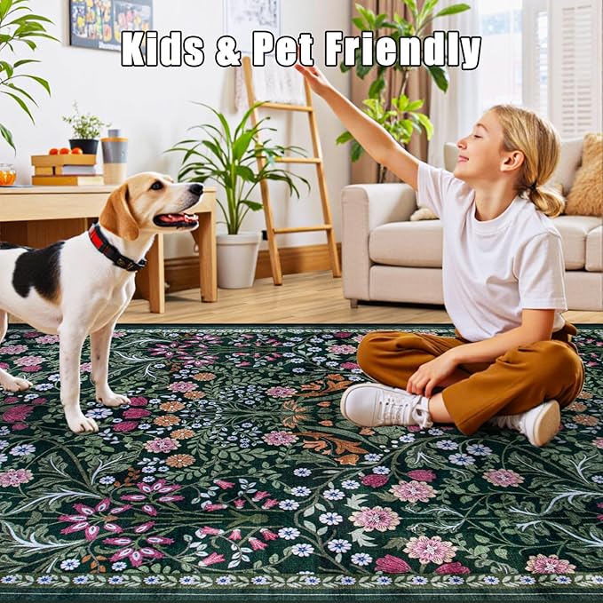 Area Rugs 9x12 Living Room: Floral Washable Rug Vintage Large Soft Boho Non-Slip Carpet Indoor Floor Stain Resistant Low Pile Carpets for Bedroom Dining Room Farmhouse Nursery Home Office Dark Green