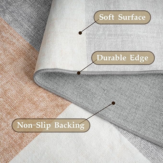 HOMFINE Washable Modern Area Rug - Geometric Style 4x6 Rugs for Living Room, Bedroom, Machine Washable Rug Soft Non Slip Non Shedding Area Rug - Grey Brown, 4'x6'