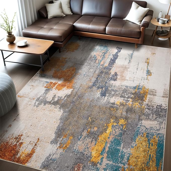 Kelarea Living Room Rug, 6x9 Rug Modern Abstract Washable Rugs Grey Faux Wool Vintage Carpet, Non Slip Rugs for Living Room, Bedroom, Dining Room, Kids Playroom, Home Office