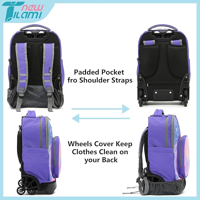 NEW TILAMI 18 inch Rolling Backpack Boys & Girls for School – Durable, Waterproof, Adjustable Handle, Ideal for Travel & Daily Use, Purple Sky
