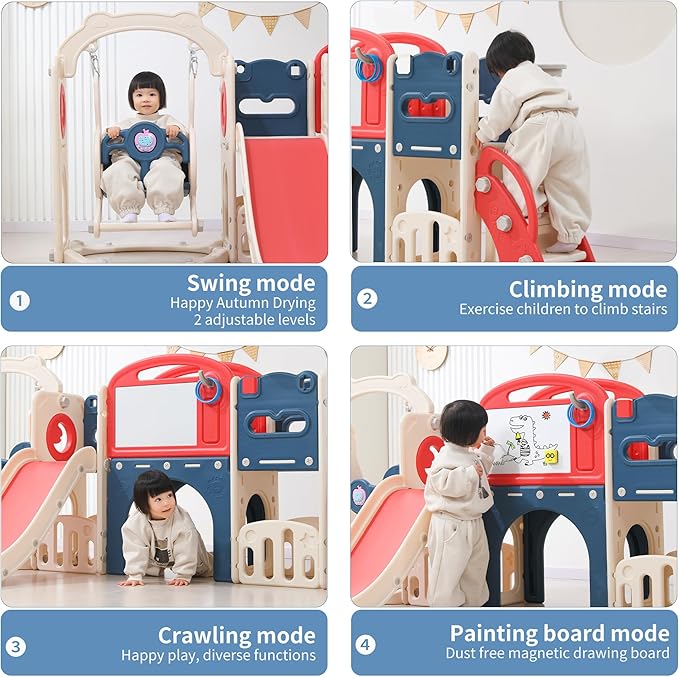 12 in 1 Toddler Outdoor Playset with Swing, Indoor Swing and Slide Set Playground for Toddlers 1-3, Durable Climber Basketball Hoop Ball Toddler Indoor Playset for Home Playground - Red Blue