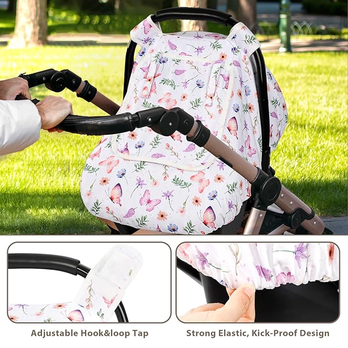Pea Pod Car Seat Cover Baby, Infant Car Seat Canopy Covers with 2 Layers Windows of Breathable Mesh Fabric, Lightweight Polyester, Soft Minky Dot Backing (Butterfly Pattern)