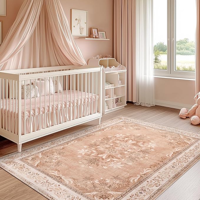 jinchan Vintage Floral 4x6 Area Rugs - Machine Washable Distressed Design Soft Ultra-Thin Low-Pile Non-Slip Carpet for Entryway Kitchen Bedroom Nursery Living Room Dining Room (4x6ft,Coral Pink)