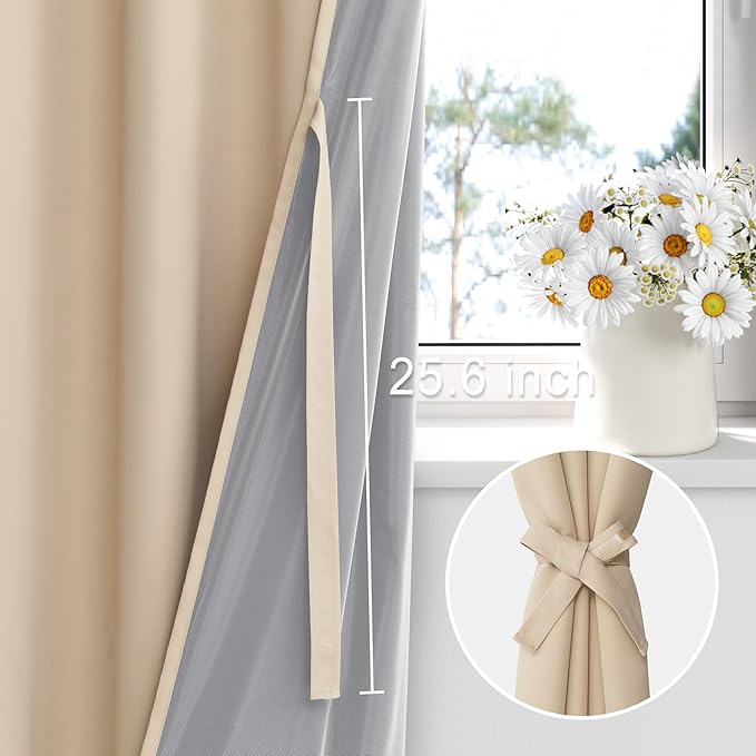 XWZO 100% Blackout Window Curtains with Tiebacks- Privacy Protection & Noise Blocking Window Draperies Rod Pocket with Black Liner for Bedroom/Living Room, Biscotti Beige, W52 x L72, Set of 2 Panels