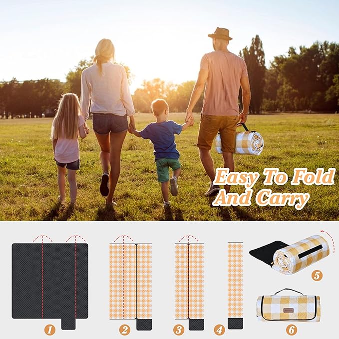 HX&OD Outdoor Picnic Blanket, Extra Large, 80''x60'' Waterproof Foldable Blankets Gingham Picnic Mat for Beach, Camping Grass Lawn Park Accessories Cute Couple Ideas Wedding (Yellow, 80”x60”)