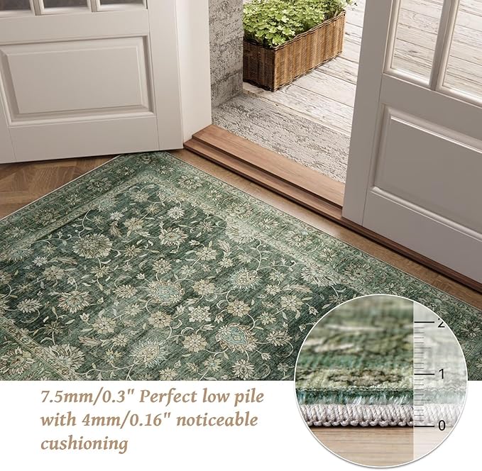 Washable 4x6 Rugs for Living Room, Boho Non-Slip Silicone Backing Small Rugs for Bedroom Nursery Office, 0.3" Neutral Oriental Throw Carpet with 0.16" Cushioning Pad, Sage Green/Multi