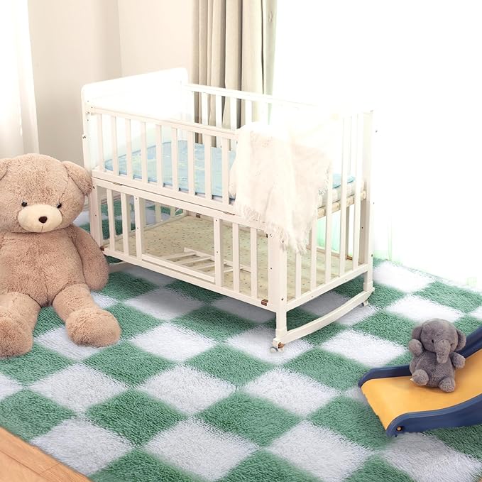 Super Soft Rug for Bedroom, 5x7 ft Sage Green and White Area Rug Classic Checkered Shaggy Anti-Skid High Pile Soft Fluffy Rug Fuzzy Carpet for Living Room Bedroom Kids Room Nursery, Dorm