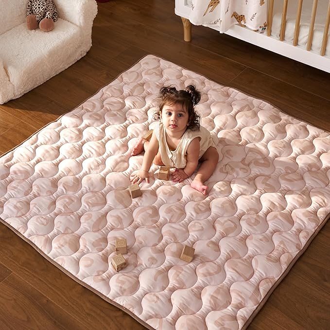 Momcozy Baby Play Mat for Floor, 50x50 Thickened Playpen Mat, Playmate for Baby Tummy Time, Waterproof & Non-Slip, Foldable Outdoor Mats with Carrying Handle, Leopard Heart