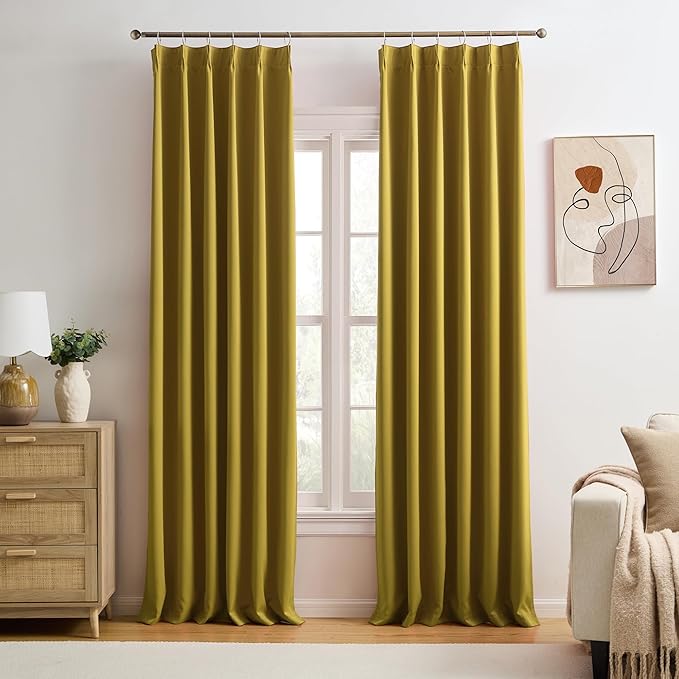 KEQIAOSUOCAI Yellow Pinch Pleated Curtains 90 Inch Length 2 Panels Set Noise Cancelling Window Drapes for Nursery Bedroom Living Room 40x90