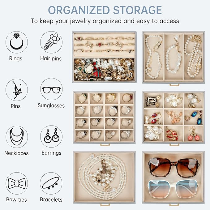 AKOZLIN 6-Tier Jewelry Box Organizer Functional 5 Drawers Leather Jewelry Storage Case for Women Girls Ring Necklace Earring Bracelet Holder Organizer with Mirror Grey