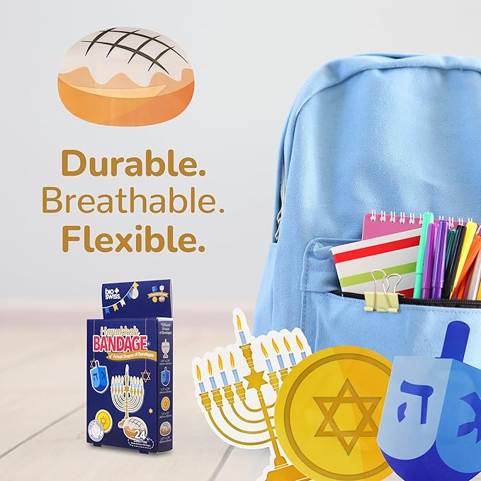 BioSwiss Bandages, Hanukkah Shaped Self Adhesive Bandage, Latex Free Wound Care, Fun First Aid Kit Supplies for Kids and Adults, 24 Count