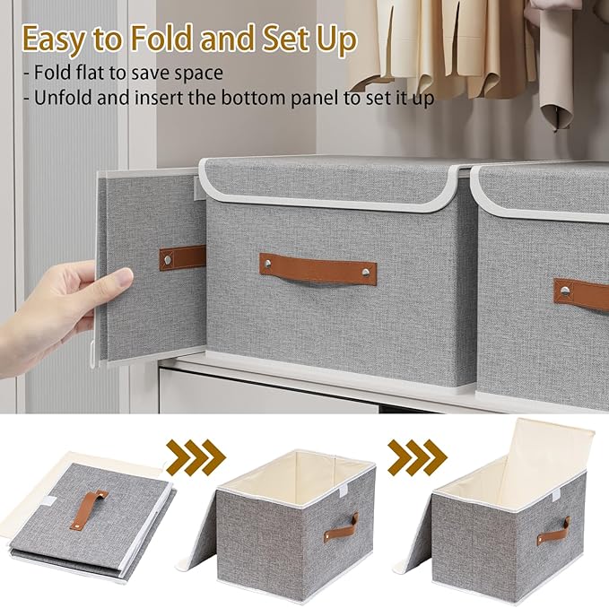 Yawinhe Collapsible Storage Bin, Cube Organizer Basket, Fabric Box with Lids, Washable and Leather Handle, for Home, Closet, Grey, 15.0''Lx9.8''Wx9.8''H, 5-Pack, USNK024GL-5