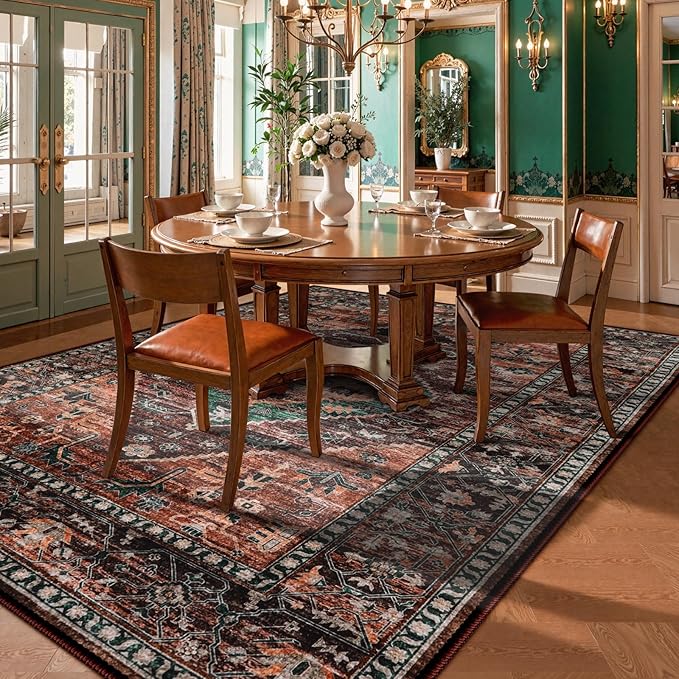 Lahome 8x10 Ultra-Thin Living Room Rug （Non-Slip Washable Non-Shedding）（Oriental Vintage Distressed Carpet for Dining，Bedroom，Office）