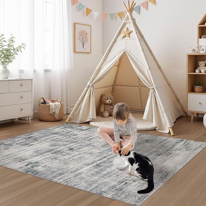 Area Rug for Living Room: 3x5 Washable Neutral Abstract Modern Soft Rugs Non Slip Indoor Floor Stain Resistant Carpet for Bedroom Dining Room Office Nursery - Gray