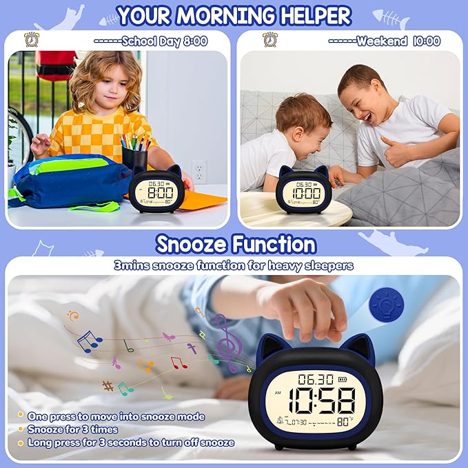Kids Alarm Clock with Night Light for Kids, Small Digital Alarm Clocks for Bedrooms, Routine Builder, Cute Cat Alarm Clock with Sleep Training, Snooze, 12/24H, Date & Day, Temperature, USB Port