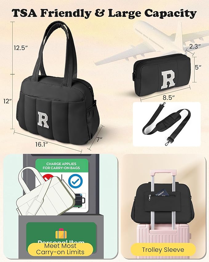 Women Duffle Bag with Initial, Personal Item Travel Bags，Gym Bag with Wet Pocket，Teenage Girls Gifts Ideas-Lightweight Travel Bags Personalized Tote with Makeup Pouch