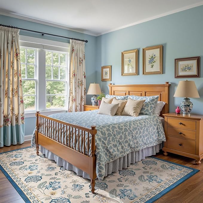 jinchan 8x10 Floral Rug for Living Room Washable Bedroom Rug Vintage Romance Design Non Slip Thin Indoor Floor Cover Large Low-Profile Throw Carpet for Dining Room Office, Blue/Beige