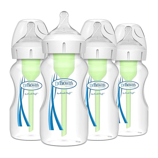 Dr. Brown's Natural Flow Anti-Colic Options+ Wide-Neck Baby Bottles 9 oz/270 mL,with Level 1 Slow Flow Nipple,4 Count,0m+