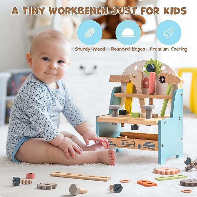 ROBUD Mini Wooden Play Tool Workbench Set for Kids Toddlers - Montessori Toys for 3 4 5 Years Old Boys Girls