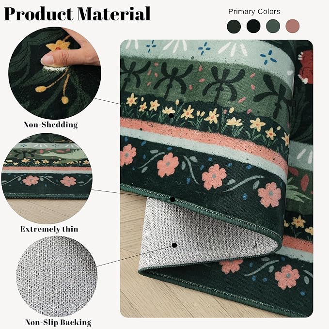 Area Rug 4x6 Rug Washable Vintage Floral Botanical Rugs Non Slip Low Pile Small Carpet for Bedroom, Bedside, Kids Room, Office, Dining Room, Green