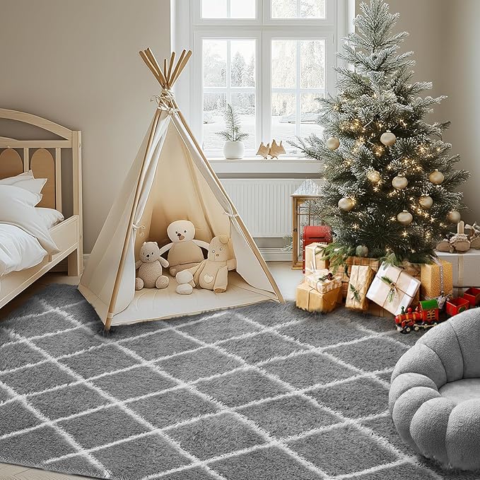 Fluffy Rug for Bedroom, 5X7Feet Stripe Checkered Rug Anti-Skid High Pile for Living Room Bedroom Kids Room Nursery, Dorm Home Decor