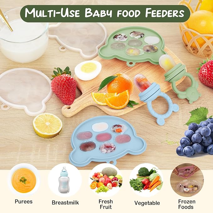 WAJIAYON Baby Breastmilk Popsicle Molds & Baby Fruit Feeder, Infant Food Freezer Tray Storage Containers, Silicone Teething Pacifier Feeder and Teether for Babies,Shower Gifts for Boys and Girls-Blue
