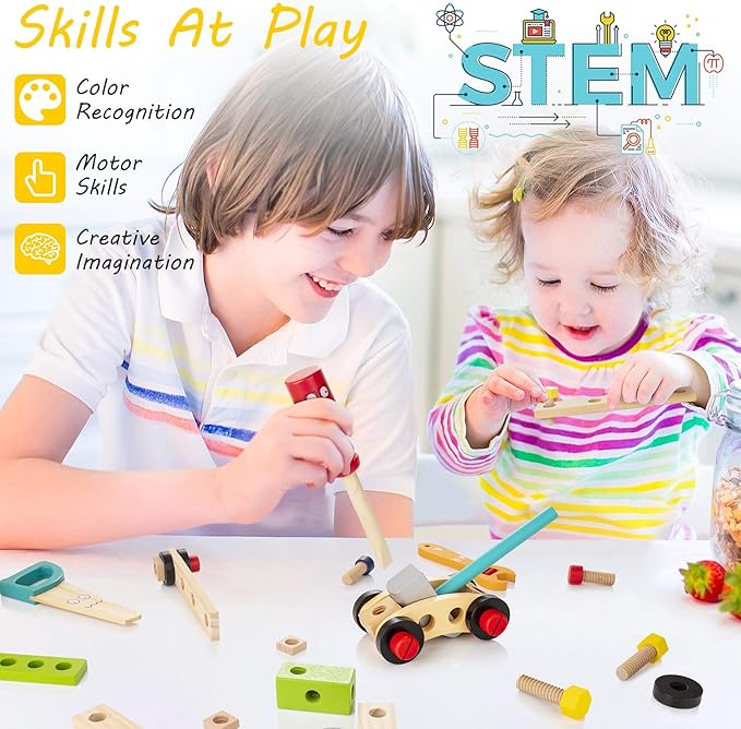 KIDWILL Tool Kit for Kids, 36-Piece Wooden Toddler Tools Set Includes Tool Box, Montessori Educational Stem Construction Toys for 2 3 4 5 6 Year Old Boys Girls, Best Birthday Gift for Kids