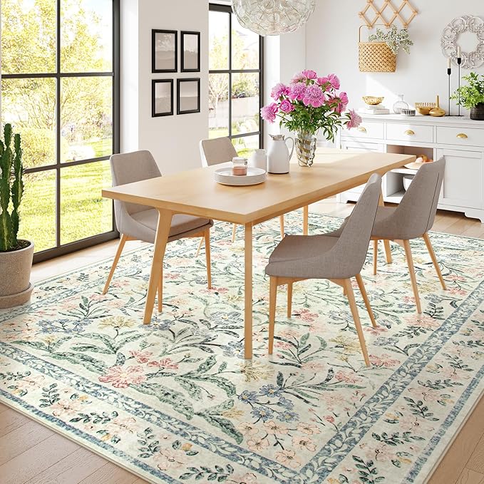 Wonnitar Large Rugs for Living Room, Soft Washable Floral 9x12 Area Rug for Bedroom, Boho Non-Shedding Foldable Carpet for Kids Playroom Apartment Home Decor