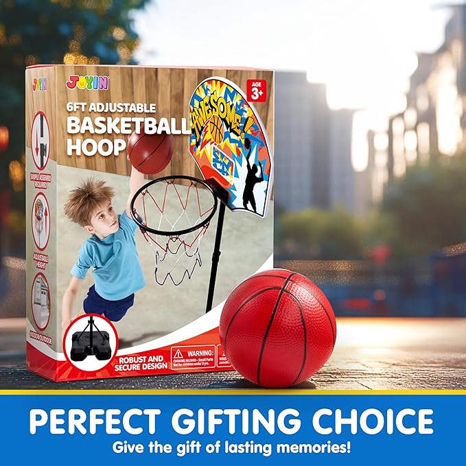 JOYIN Kids Basketball Hoop, Adjustable Height 2.8 ft-6.2 ft Toddler Basketball Hoop for Kids Indoor Outdoor Play Portable Basket Ball for Boys Girls Age 3 4 5 6 7 8 Gift
