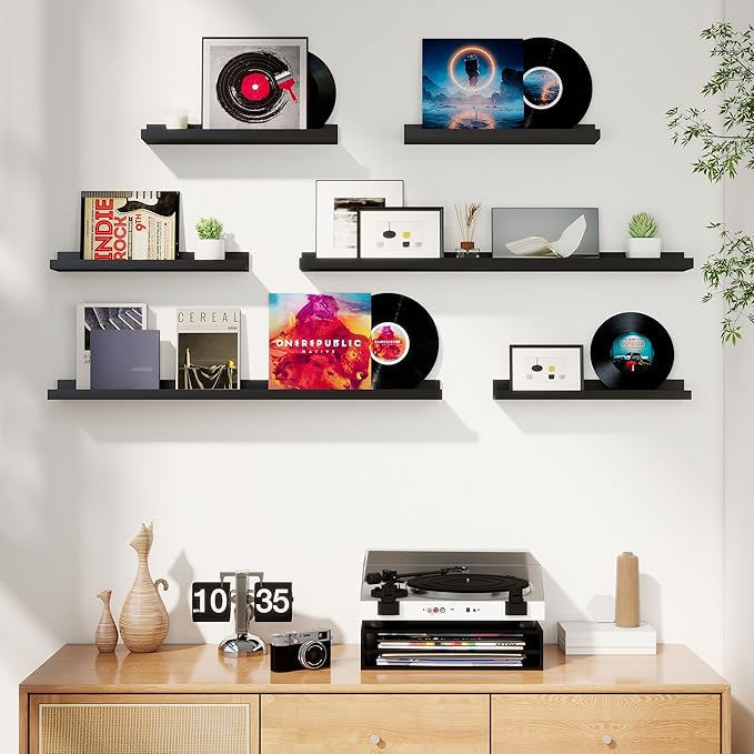 Axeman Picture Ledge Shelf, Floating Shelves for Wall Decor Storage Set of 6, 48 inch Floating Wall Mounted Shelves, Wall Shelves with Lip for Living Room, Bedroom, Nursery, Bathroom, Kitchen, Black