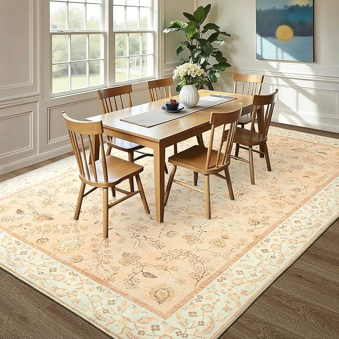 LOCHAS Washable Area Rugs 8x10, Peach Floral Rug for Living Room Bedroom Non Slip, Ultra Soft Vintage Indoor Carpet for Kids, Nursery, Dorm, Dining Room, Classroom, Boho Flower Home Decor, Low-Pile