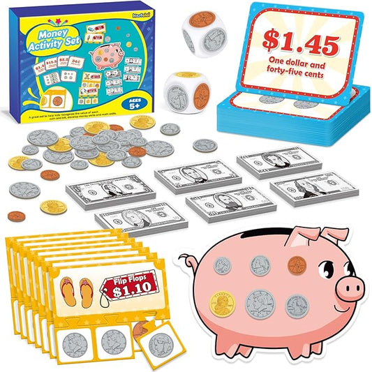 Money Activity Set for Kids for Learning, Pretend Play, Math Manipulatives,Teaching,Counting,Learning & Education Toys for Kindergartner Classroom & Homeschool,Math Games for Toddler, Teacher