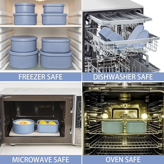 100% Silicone Food Storage Containers with Lids, 8 Pack, 10oz to 51oz, Reusable Leakproof Nesting & Stackable Silicone Bento Lunch Box, Microwave Freezer Dishwasher Oven Safe, BPA Free, Slate Blue