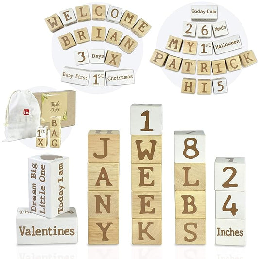 I'm Solid Wood Monthly Weekly Baby Milestone Age Blocks, Personalized Own Name, Gender Neutral, Newborn Gifts & Keepsakes for Picture Props (1.9" / 18 Pcs/Brown)