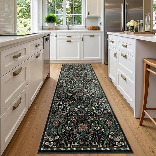 2x6 Washable Runner Rug,Black Floral Boho Area Rug for Hallway,Low-Pile Non-Slip Stain Resistant Carpet for Kitchen, Bedside,Laundry Room,Entryway