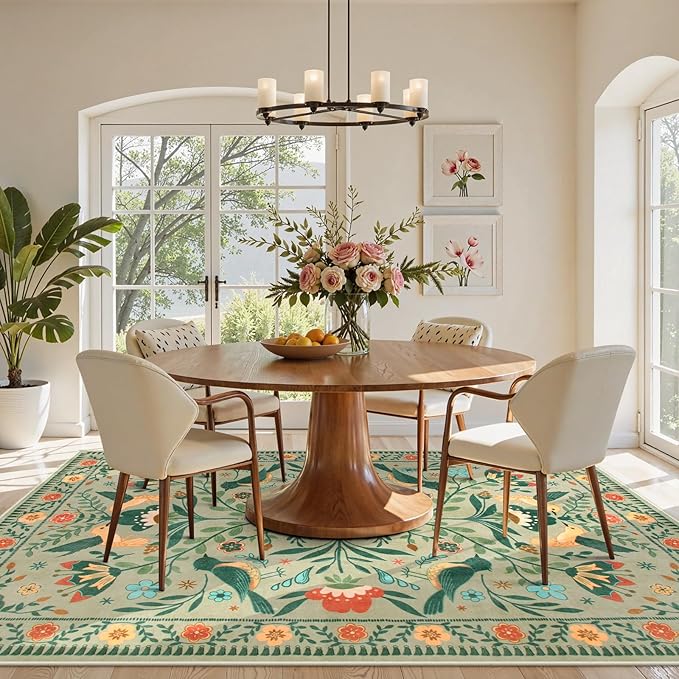 Moynesa Washable 8x10 Area Rugs for Living Room, Ultra Thin Soft Boho Bedroom Rug Stain Resistance, Low Pile Indoor Bird Pattern Sage Green Large Carpet for Nursery Dining Room Under Table