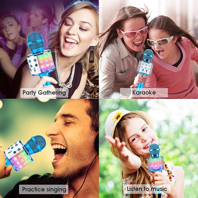 BlueFire 4 in 1 Karaoke Wireless Microphone with LED Lights, Portable Microphone for Kids, Great Toys for Kids, Girls, Boys and Adults (Blue)