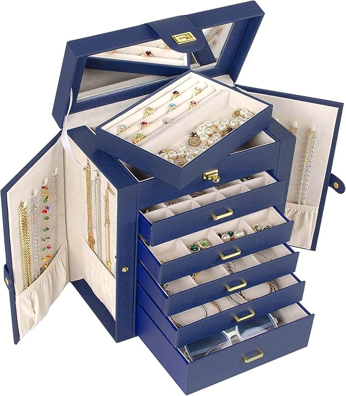 AKOZLIN Large Jewelry Box Organizer Functional Lockable with Big Mirror, Leather Jewelry Storage Case for Women Girls Ring Necklace Earring Bracelet Holder Organizer Blue