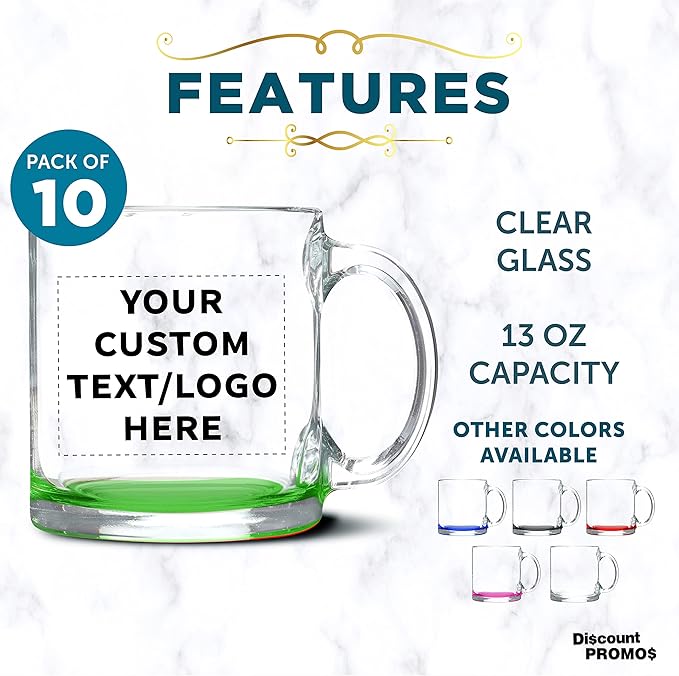 Custom Libbey Clear Glass Coffee Mugs 13 oz. Set of 10, Personalized Bulk Pack - Perfect for Coffee, Tea, Espresso, Hot Cocoa, Other Beverages - Green Bottom