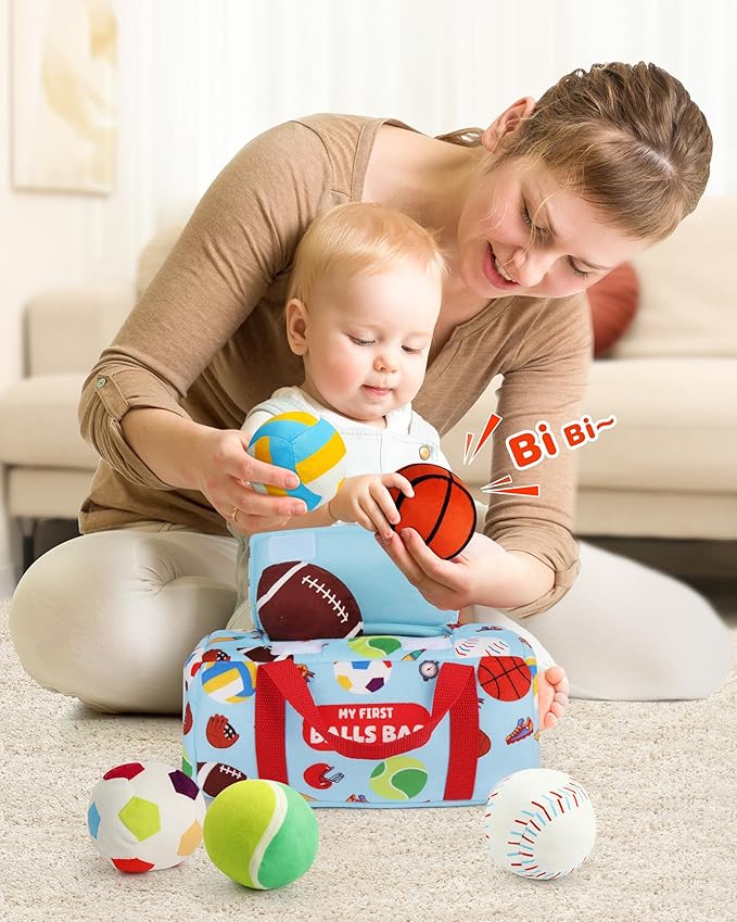Vanmor Sensory Sports Balls for Babies 6-12M+, 6 Pack Machine Washable Plush Ball Set with Crinkle, Rattles, Squeaky Sounds, Toddler Learning Toys, Portable Travel Bag, Baby Shower Toy for Newborn