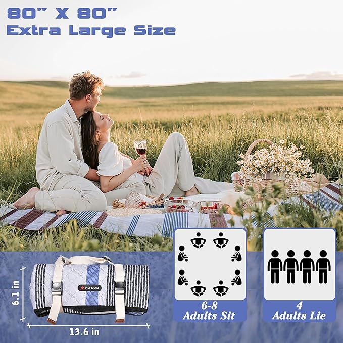 Waterproof Picnic Mat, Outdoor Camping Oversized Field Blanket. Portable Thickened Camping Blanket, Suitable for Beach, Camping, Music Festival, Party, Outdoor Adventure. (Black&Blue&White, 80”x80”)