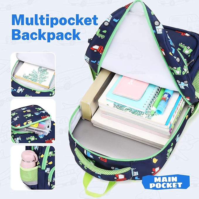 mygreen 3PCS Kids Backpack Set - Waterproof Bookbag with Lunch Box for Boys Ages 3-12, Adorable Cartoon Prints for School & Outdoor Use Black Dinosaurs